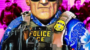 A photo illustration of a ICE agent wearing a Hawaiian shirt at the airport.