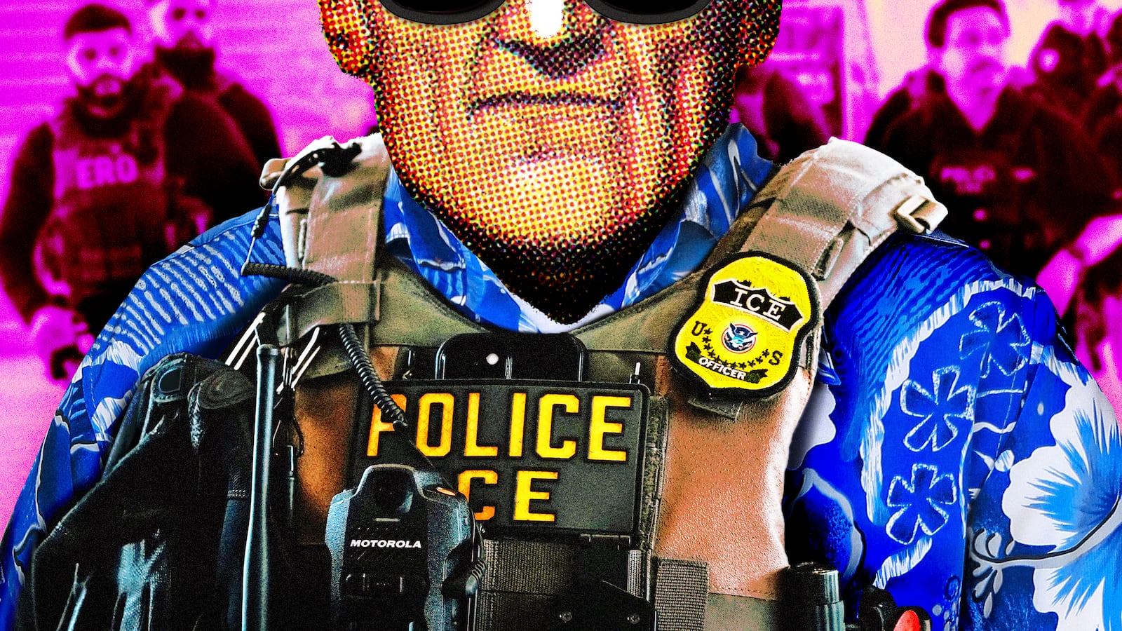 A photo illustration of a ICE agent wearing a Hawaiian shirt at the airport.