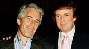 Portrait of American financier Jeffrey Epstein (left) and real estate developer Donald Trump as they pose together at the Mar-a-Lago estate, Palm Beach, Florida, 1997.(Photo by Davidoff Studios/Getty Images)