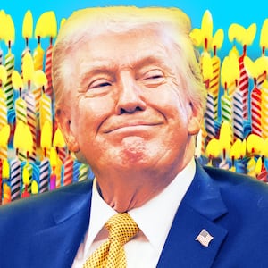 A photo illustration of Donald Trump in front of dozens of birthday cake candles.
