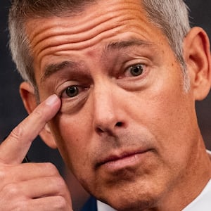 U.S. Secretary of Transportation Sean Duffy gestures during a press conference.