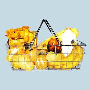 Illo illustration of a grocery basket with gold grocery items