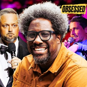 A photo illo illustration of W. Kamau Bell, Nate Bargatze and Tony Hinchcliffe for the Obsessed podcast.