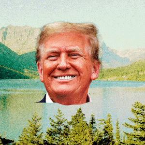 Donald Trump coming out of the water inside a ticket showing Glacier National Park