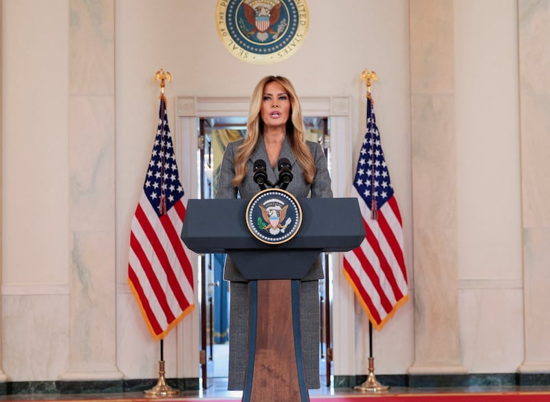 U.S. first lady Melania Trump delivers remarks regarding the late financier and convicted sex offender Jeffrey Epstein from the Grand Foyer of the White House in Washington, D.C., U.S., April 9, 2026. REUTERS/Evan Vucci