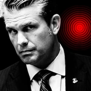 Pete Hegseth in front of a destroyed map of the Caribbean.