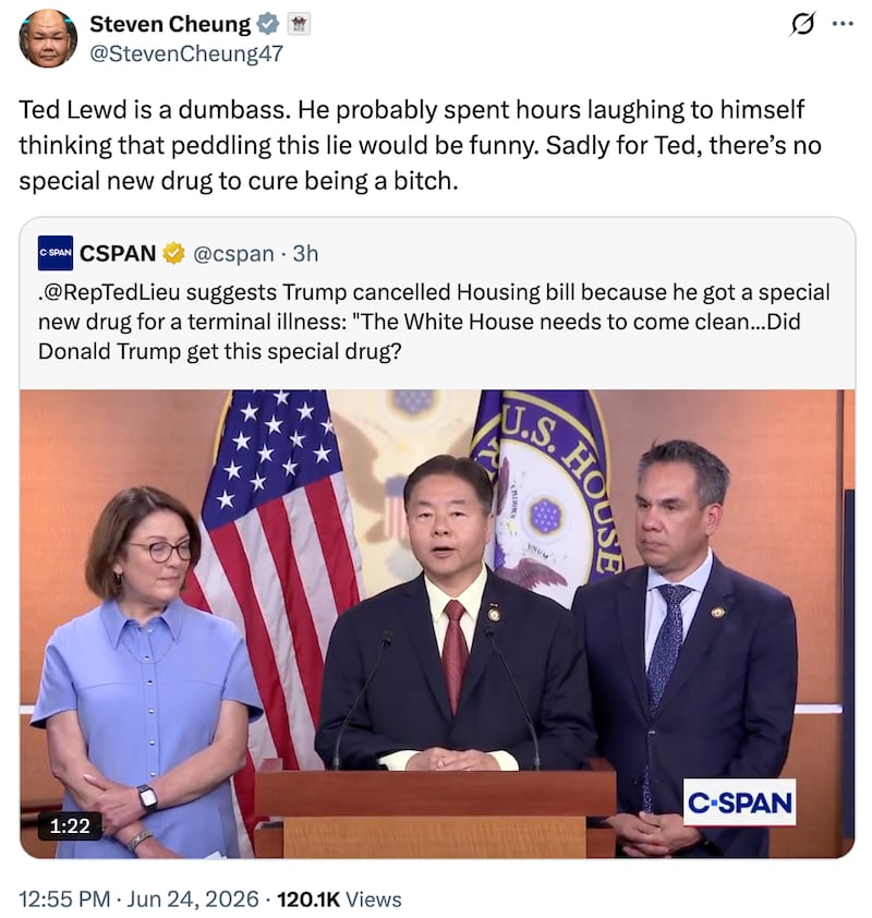 Steven Cheung’s attack on Ted Lieu.