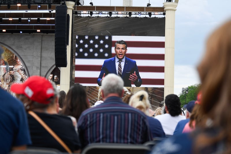 Secretary of War Pete Hegseth delivers a video message to attendees at "Rededicate 250: A National Jubilee of Prayer, Praise and Thanksgiving" on the National Mall in Washington, DC, on May 17, 2026.