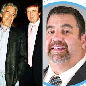 A photo composite of James O'Keefe, Donald Trump, Jeffrey Epstein, and Glenn Prager.