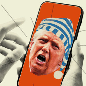 Many Donald Trump heads wearing a sleeping cap yelling in a cell phone