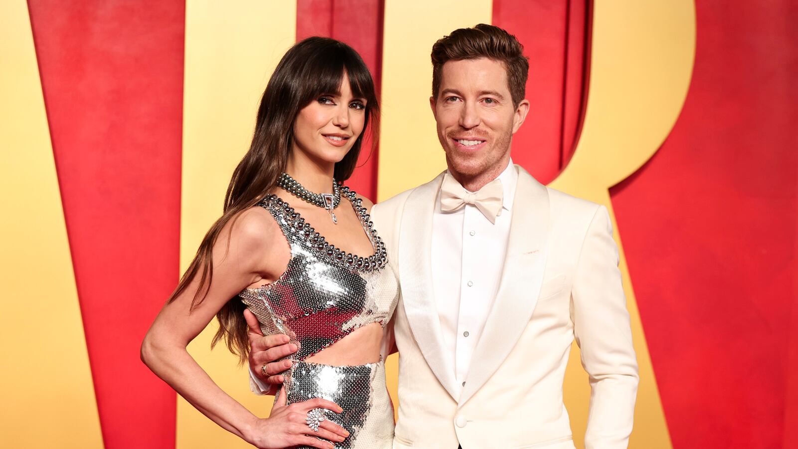Nina Dobrev and Shaun White at the 2024 Vanity Fair Oscar Party held at the Wallis Annenberg Center for the Performing Arts on March 10, 2024 in Beverly Hills, California.