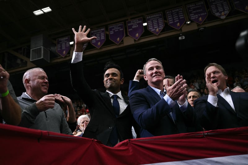 Candidate for Governor of Ohio Vivek Ramaswamy waves to supporters before US President Donald Trump speaks during a campaign rally in Vandalia, Ohio, on October 3, 2026. (Photo by Brendan SMIALOWSKI / AFP via Getty Images)