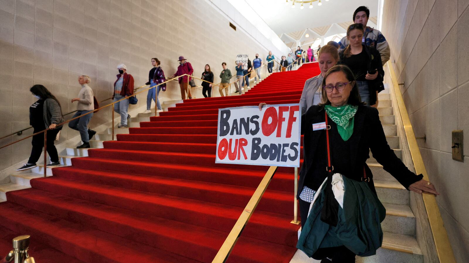 Abortion rights supporters file out of the North Carolina state legislature at the State Capitol in Raleigh, North Carolina, U.S. May 3, 2023.