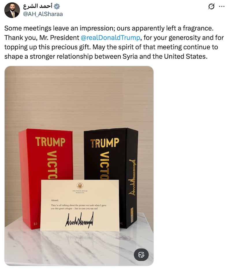President of the Syrian Arab Republic, Ahmad Al-Sharaa shares his latest Trump gift.