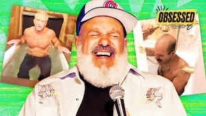 A photo illustration of the Obsessed podcast of David Cross and RFK, Jr.