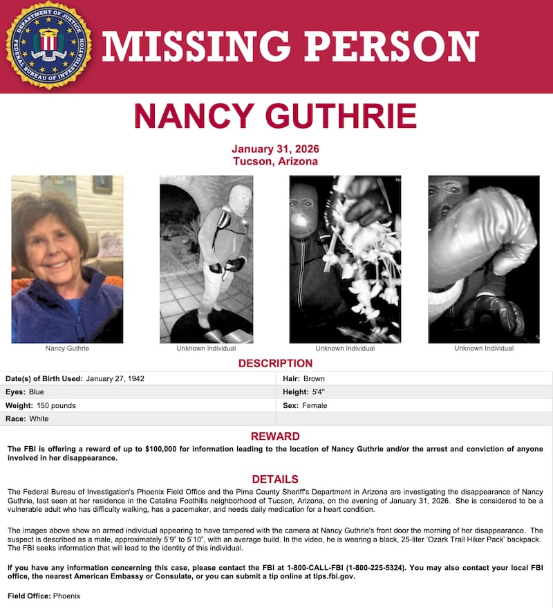 FBI Missing poster for Nancy Guthrie