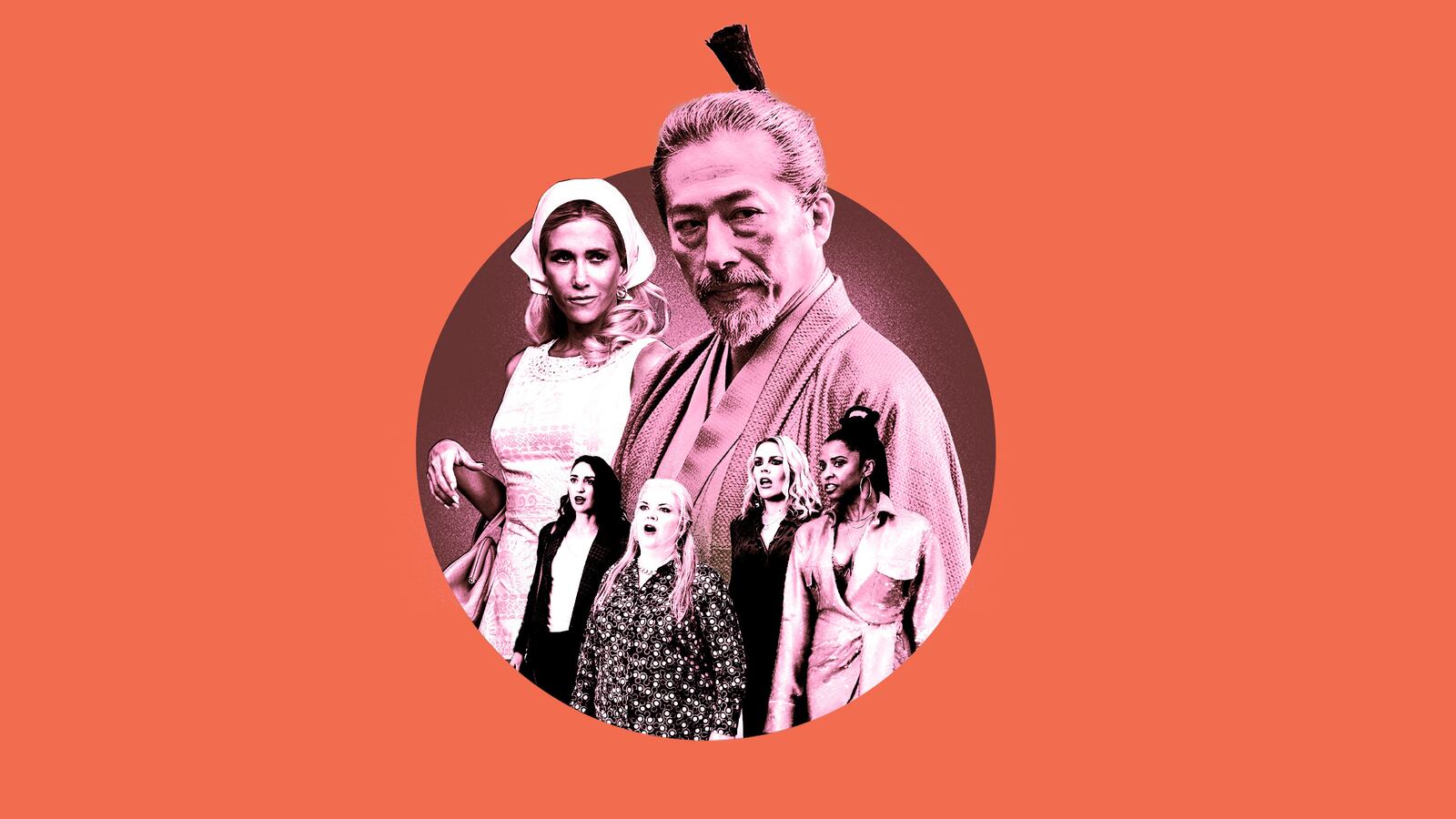 A photo illustration of stills from Shogun, Palm Royale, and Girls5Eva