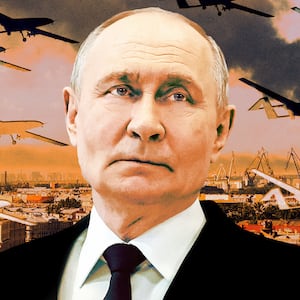 A photo illo illustration of Vladimir Putin, and smoke from alleged Ukrainian drone strikes in St Petersburg, Russia on June 3, 2026.