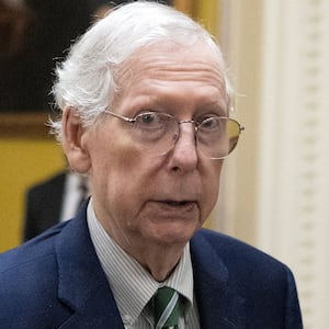 Then-Senate Minority Leader Mitch McConnell (R-KY) speaks to the press after voting on the continuing resolution passed by the House earlier in the day on Capitol Hill in Washington, DC on September 30, 2023. Last-ditch moves to prevent a government shutdown took a dramatic step forward September 30, 2023, as Democrats overwhelmingly backed an eleventh-hour Republican measure to keep federal funding going for 45 days, albeit with a freeze on aid to Ukraine.