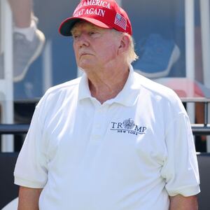 BEDMINSTER, NEW JERSEY - AUGUST 13: Former President Donald Trump and Attorney Alina Habba at the first tee during day three of the LIV Golf Invitational - Bedminster at Trump National Golf Club on August 13, 2023 in Bedminster, New Jersey. (Photo by Mike Stobe/Getty Images)