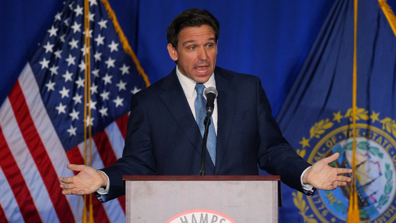 lorida Governor Ron DeSantis speaks at the 2023 NHGOP Amos Tuck Dinner in Manchester, New Hampshire.
