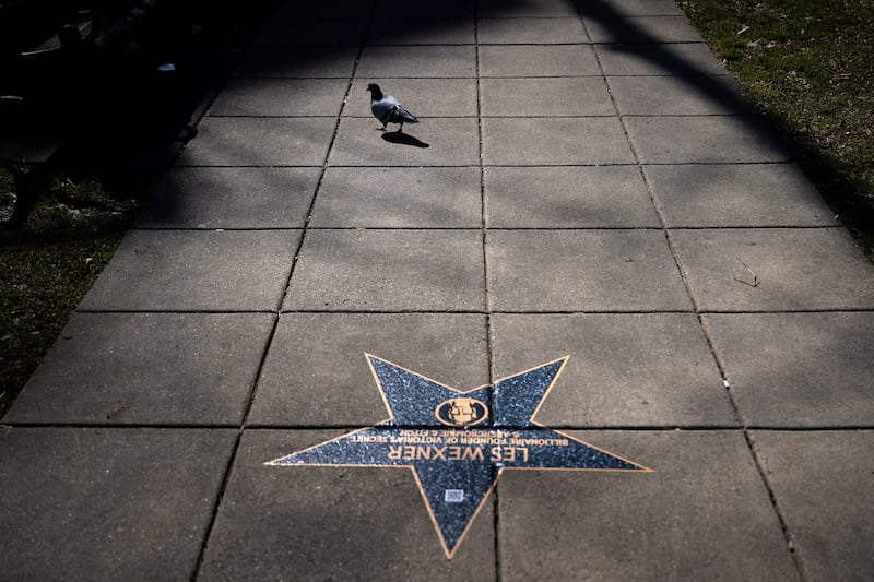 A bird walks past a star for Les Wexner along the "Jeffrey Epstein Walk of Shame", which features prominent names that appear in the Epstein files, near the White House on March 1, 2026, in Washington, DC.