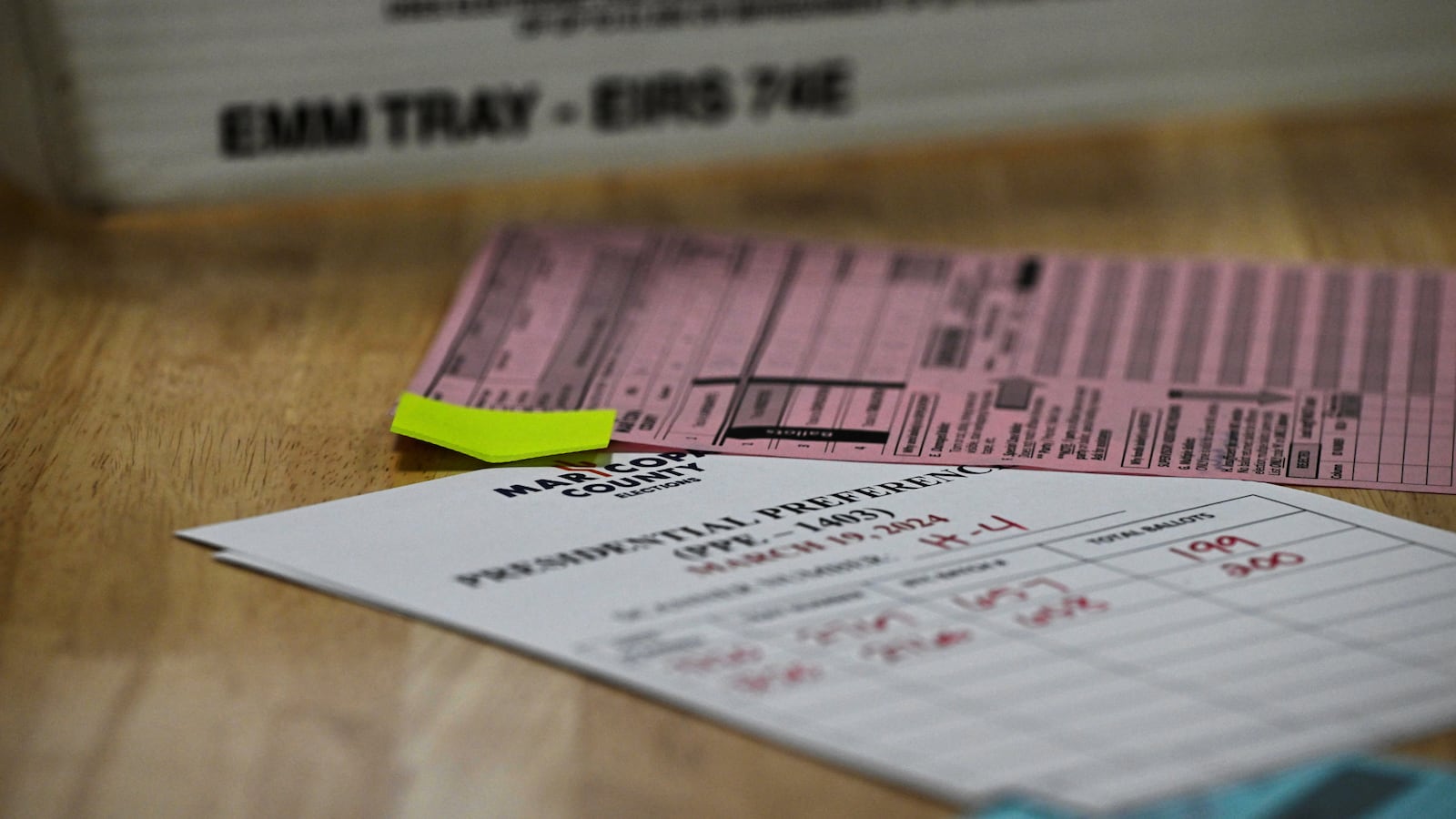 A tally sheet is seen as election workers process ballots at the Maricopa County Tabulation and Election Center.