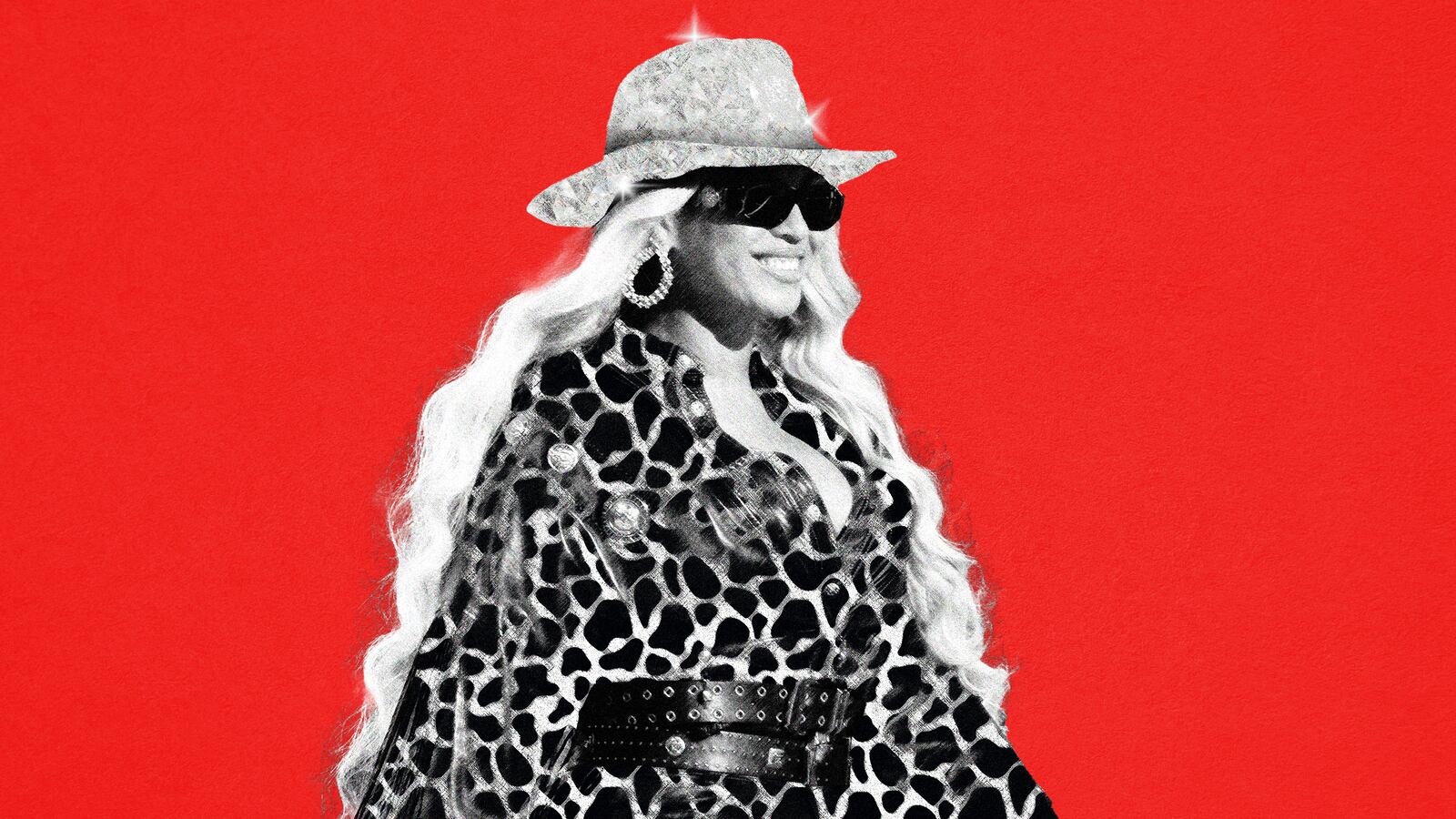 Photo illustration of Beyonce in a cowboy hat on a red background