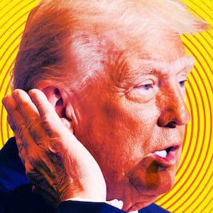 Donald Trump listening, hand to ear illustration illo.