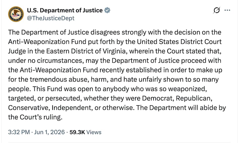 The Justice Department announces it won't move forward with the "Anti-Weaponization Fund" and would "abide by the Court's ruling."