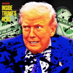 A photo illo illustration of Donald Trump, oil, and money for the Inside Trump's Head podcast.