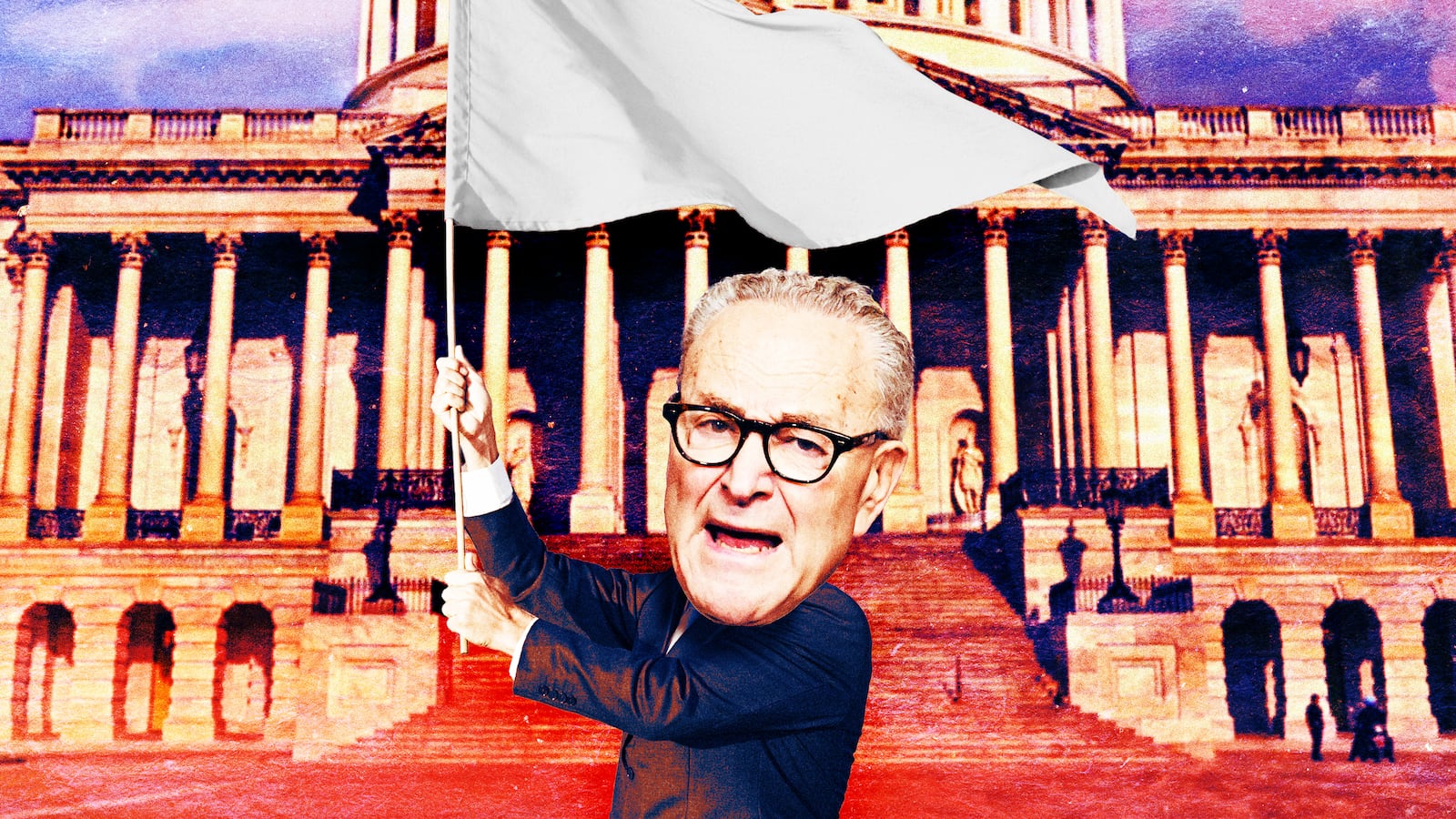 A photo illustration of Sen. Chuck Schumer waving a white flag in front of the Capitol building.