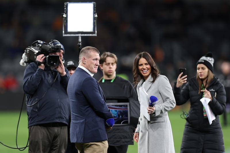 SYDNEY, AUSTRALIA - JULY 06:  Channel 9 commentator and former player Paul Gallen and Channel 9 sport reporter Danika Mason are seen before the round 19 NRL match between Wests Tigers and Cronulla Sharks at CommBank Stadium on July 06, 2023 in Sydney, Australia. (Photo by Cameron Spencer/Getty Images)