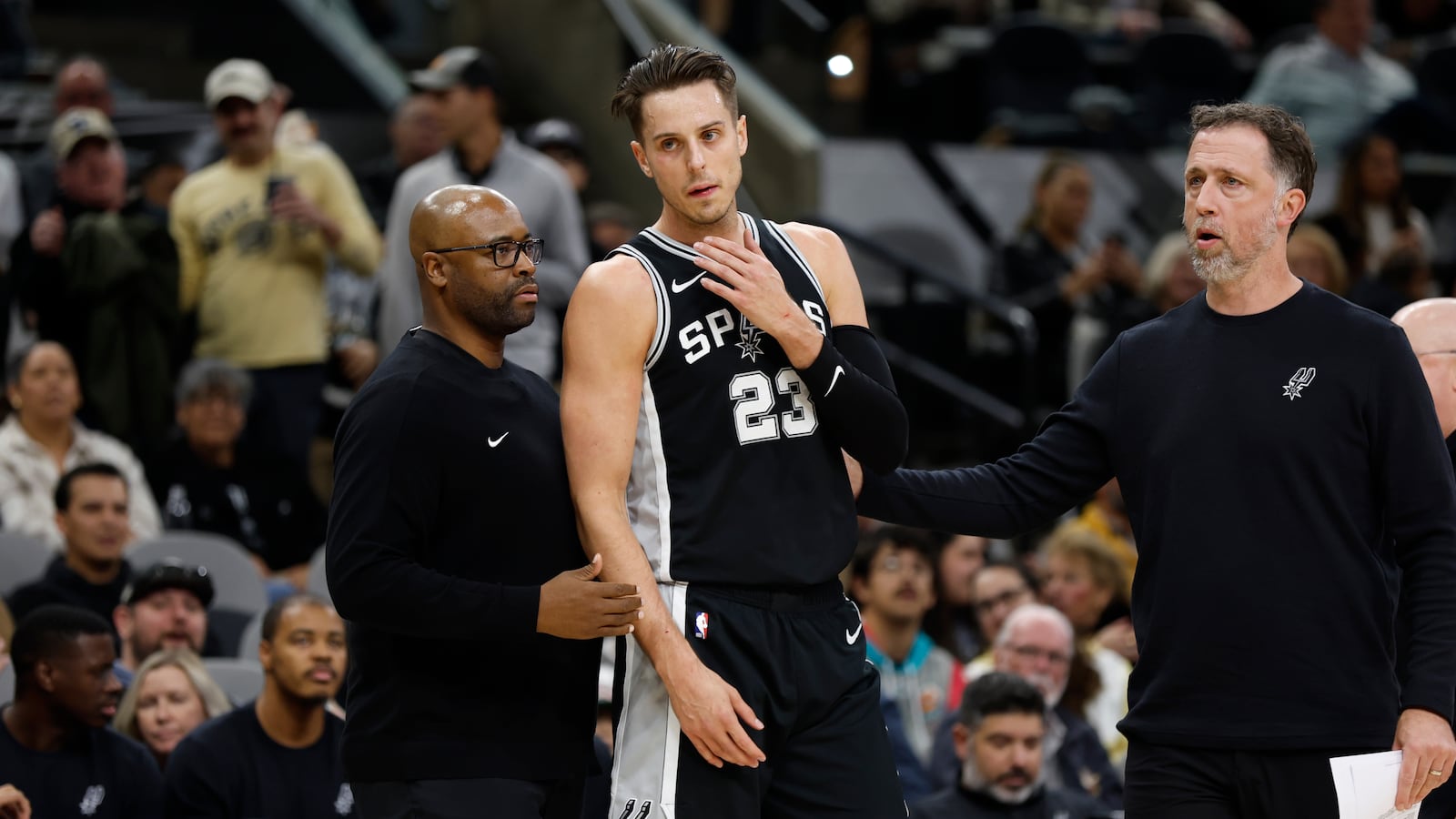 Zach Collins #23 of the San Antonio Spurs is ejected during game against the Sacramento Kings in the first half at Frost Bank Center on December 6, 2024 in San Antonio, Texas. NOTE TO USER: User expressly acknowledges and agrees that, by downloading and or using this photograph, User is consenting to terms and conditions of the Getty Images License Agreement.