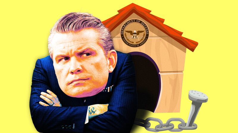 A photo illo illustration of Pete Hegseth in a dog house.