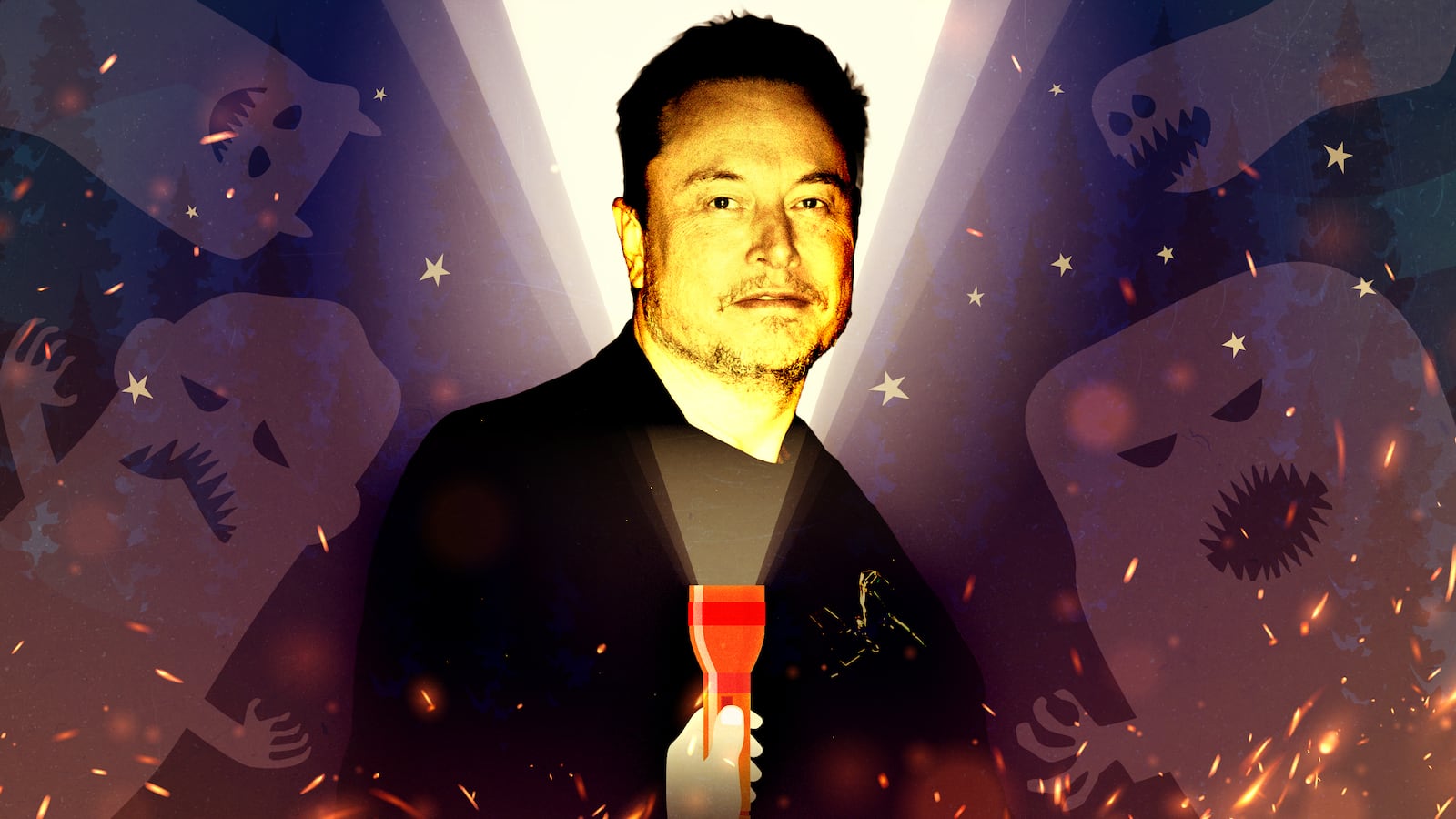 A photo illustration of Elon Musk at a campfire with ghosts.