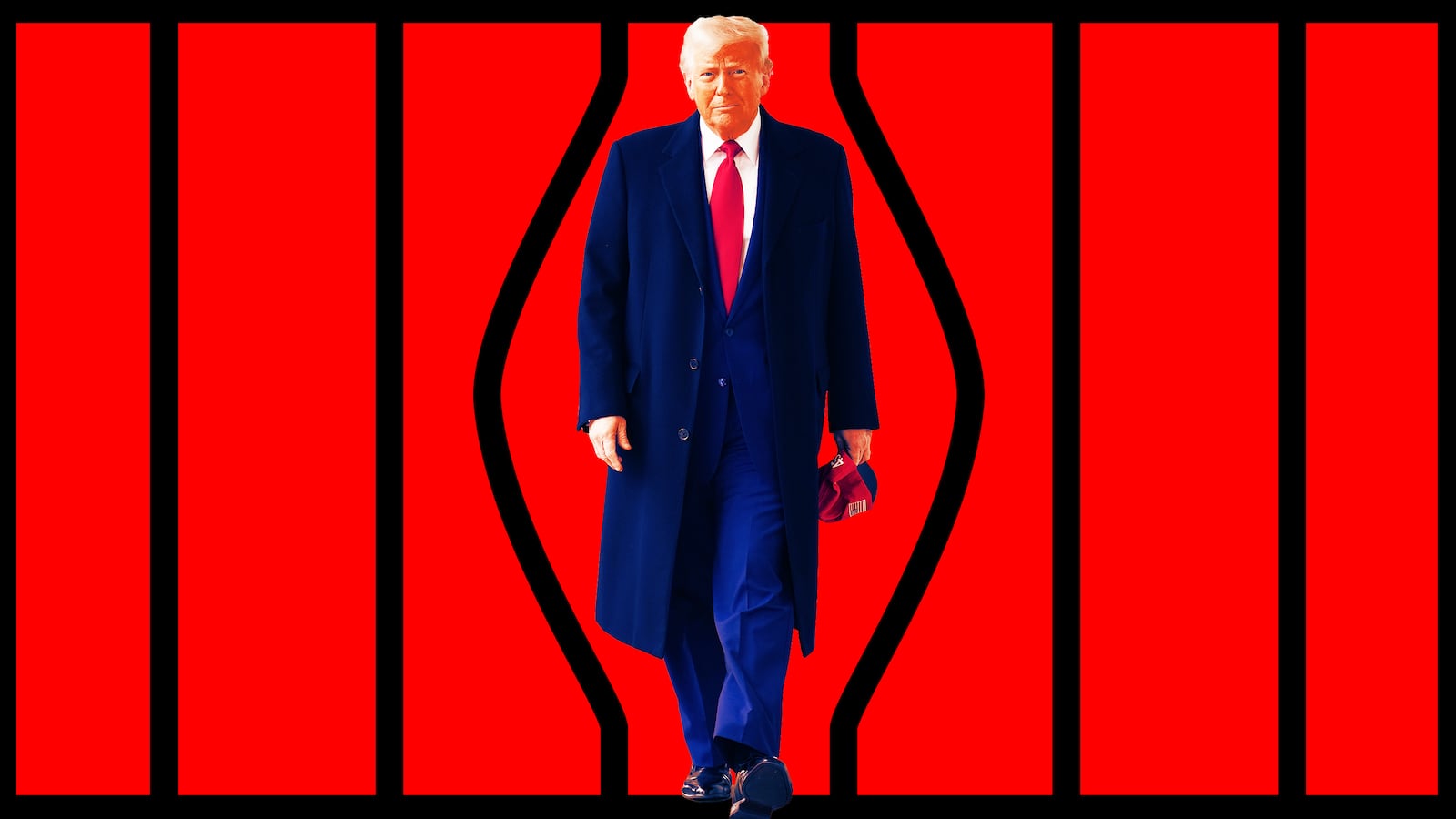 A photo illustration of Donald Trump walking through prison bars.