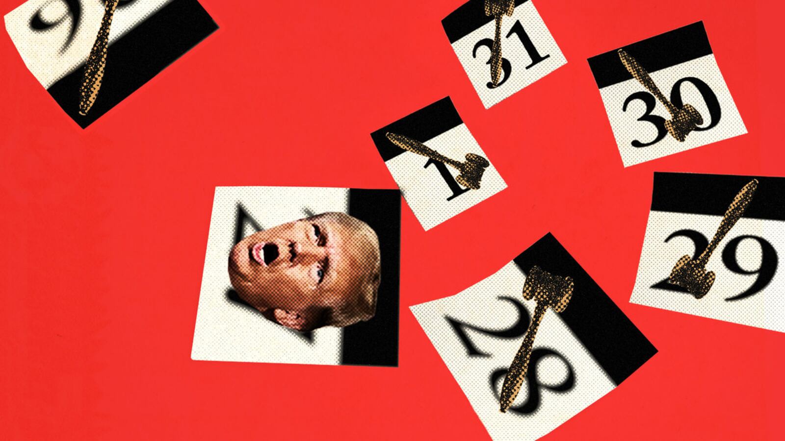 A series of calendar days with gavels on them fly through the air with one showing Trumps face.
