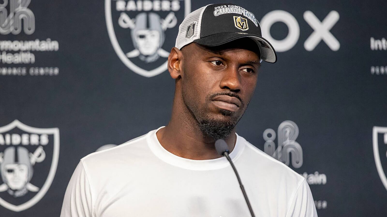 Las Vegas Raiders defensive end Chandler Jones takes questions during a news conference at Intermountain Health Performance Center on June 1, 2023,