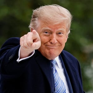 President Donald Trump points a finger before boarding Marine One to travel to Joint Base Andrews to greet Chinese President Xi Jinping, on the South Lawn of the White House in Washington, DC, US, September 23, 2026.