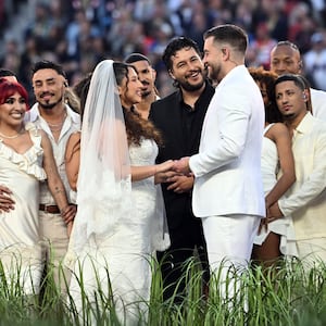 Performers portray a wedding during Puerto Rican singer Bad Bunny performance at Super Bowl LX Patriots vs Seahawks Apple Music Halftime Show at Levi's Stadium in Santa Clara, California on February 8, 2026.