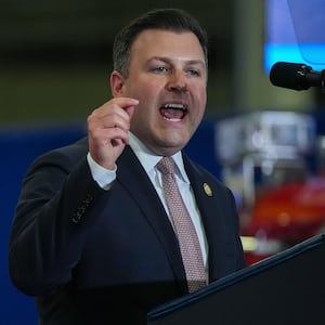 MACUNGIE, PENNSYLVANIA - JUNE 23: Rep. Congressman Ryan Mackenzie (R-PA) (R) joins U.S. President Donald Trump on stage at the Mack Trucks Lehigh Valley Operations facility on June 23, 2026 in Macungie, Pennsylvania. President Trump visited the facility to highlight American manufacturing and its benefits for local economies. (Photo by Andrew Harnik/Getty Images)