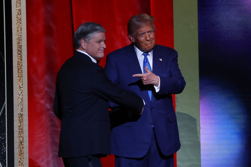Sean Hannity presented an award to Donald Trump during the FOX Nation's Patriot Awards in December.