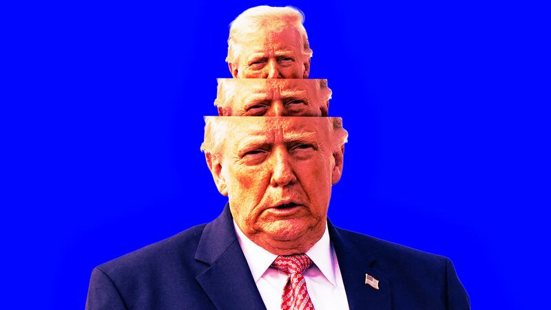 A photo illustration illo of Donald Trump like a matryoshka nesting doll.