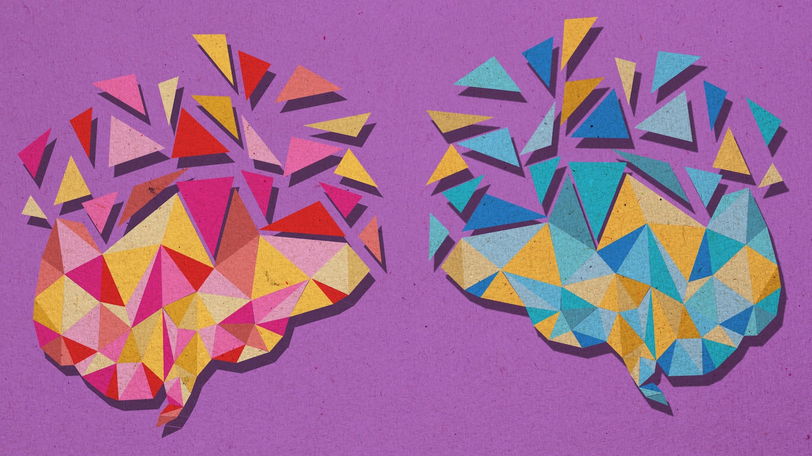 illustration of two dueling brains, one in shades of red and pink the other in blue and purple sandra day o'connor supreme court justice alzheimer's dementia alzheimers couple couples marriage widow divorced loneliness caretaker stress syndrome