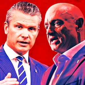 A photo illustration of Pete Hegseth and Mark Kelly.