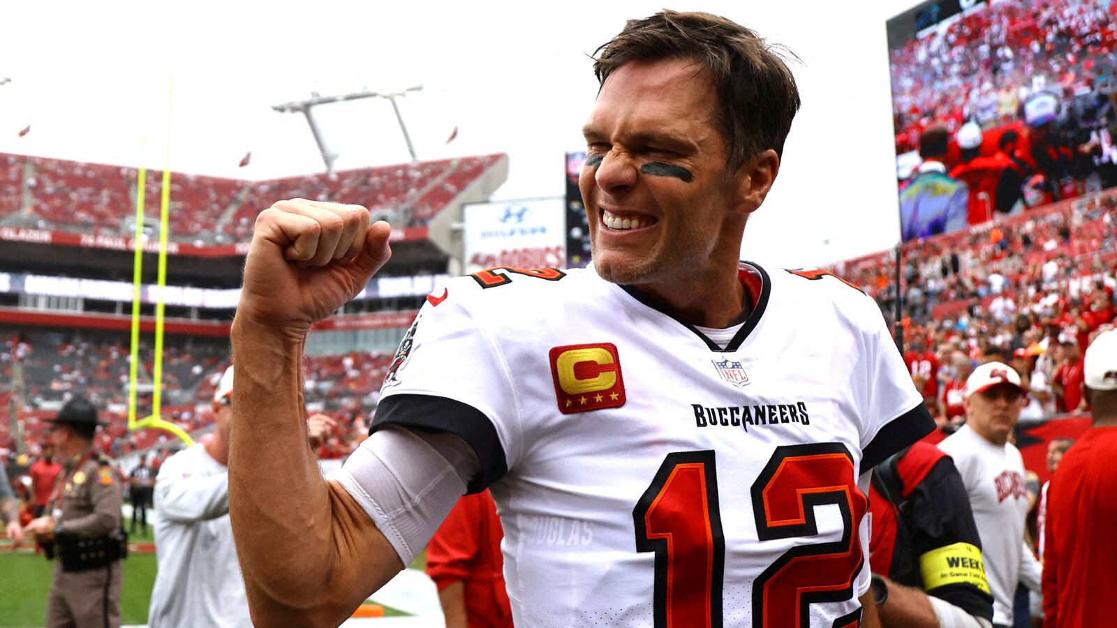 Tampa Bay Buccaneers quarterback Tom Brady gets pumped up prior to the game against the Carolina Panthers at Raymond James Stadium.