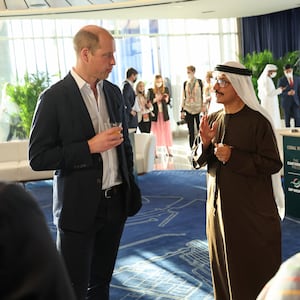 Prince William, Duke of Cambridge speaks with Sultan Ahmed bin Sulayem, Group Chairman and CEO of DP World during The Earthshot Prize Innovation Showcase at Expo2020, Dubai on February 10, 2022 in Dubai, United Arab Emirates.