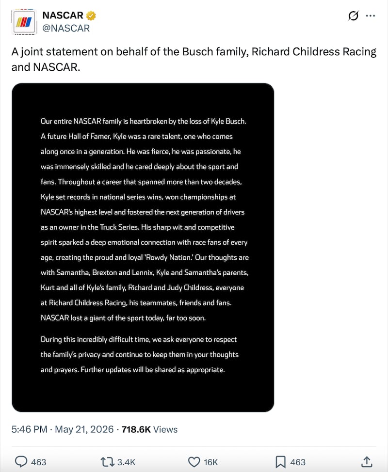 Statement from NASCAR, Richard Childress Racing, and Busch's family