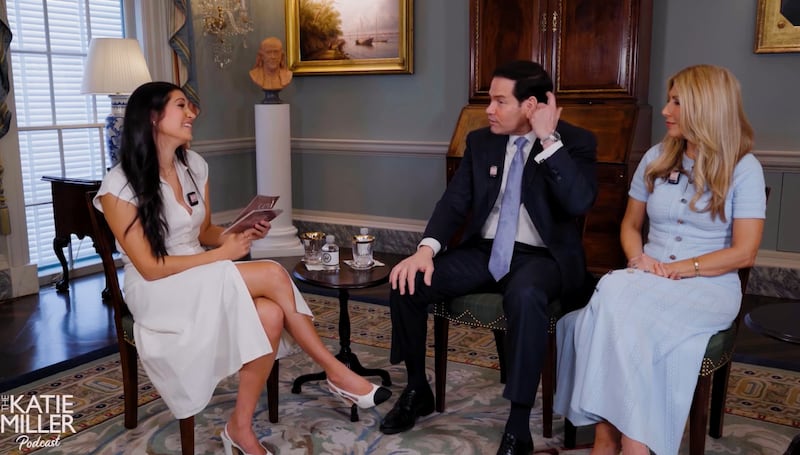 Katie Miller laughs while Marco Rubio tells a story about a potential dead body.